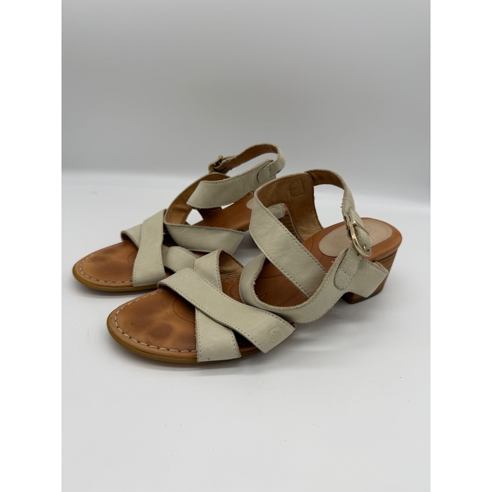Born Womens Cream Leather‎ Strappy Block Heel Sandals F22201 Size 8M